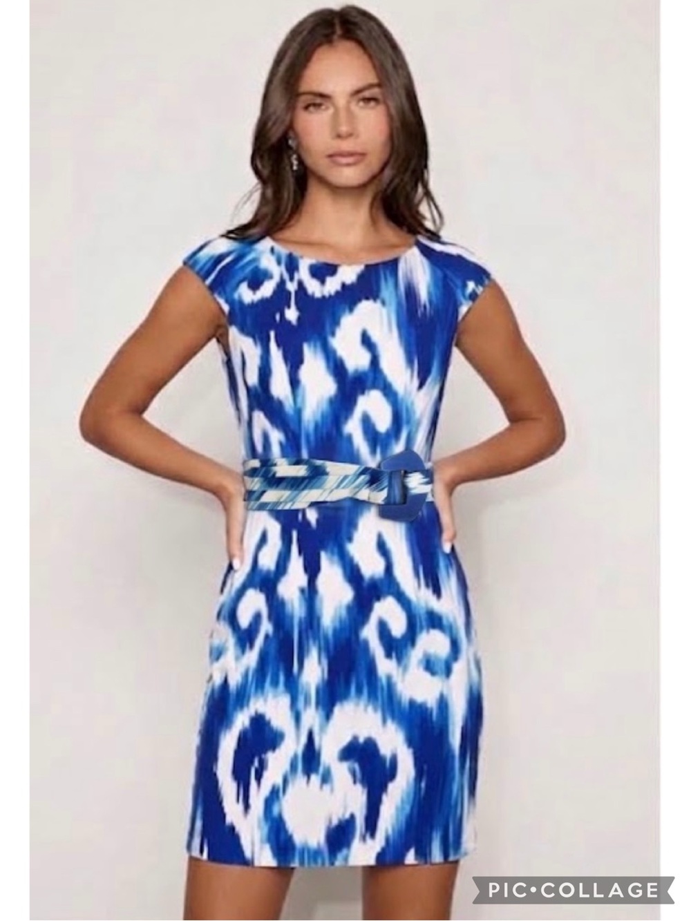 Ellen Tracy Blue Dress Tie Dye Blue Ikat Mini Cap Sleeve Belted 6 Clean Girl
